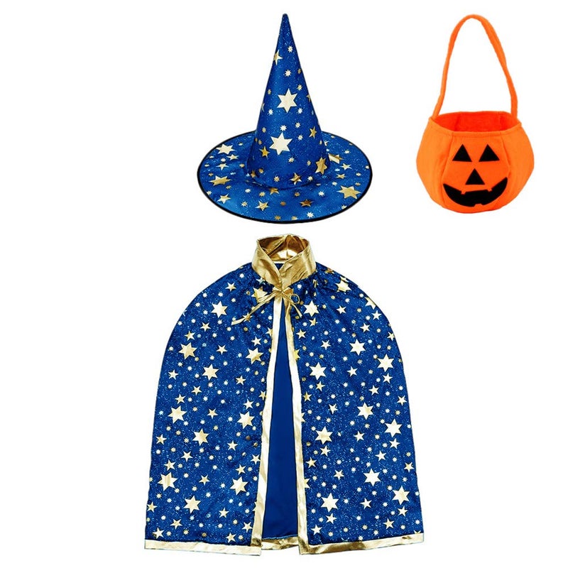 Jackcell Wizard Cape Witch Cloak with Hat and Pumpkin Bag, Halloween Costume Props for Kids Cosplay Party - Image 1